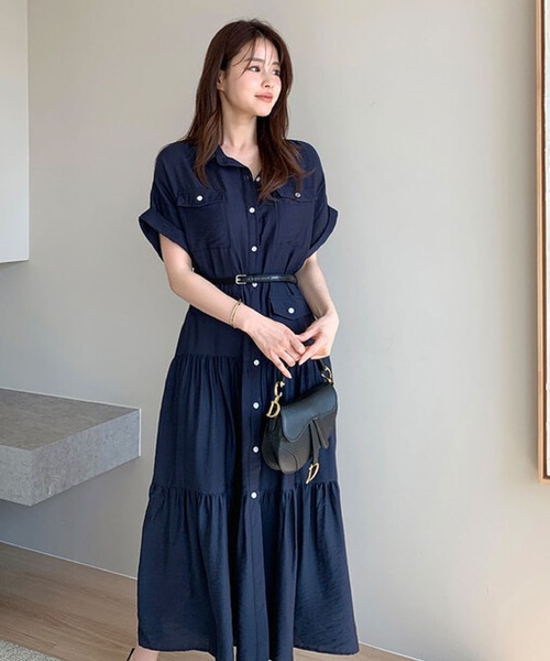 2ly2(トゥーリートゥー)の「シャツワンピース レディース 半袖 ロング丈 ティアード ベルト付き(ワンピース・レディース・ネイビー・FREE)」の3枚目の写真