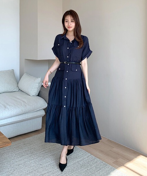 2ly2(トゥーリートゥー)の「シャツワンピース レディース 半袖 ロング丈 ティアード ベルト付き(ワンピース・レディース・ネイビー・FREE)」の20枚目の写真
