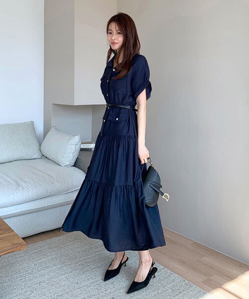 2ly2(トゥーリートゥー)の「シャツワンピース レディース 半袖 ロング丈 ティアード ベルト付き(ワンピース・レディース・ネイビー・FREE)」の21枚目の写真