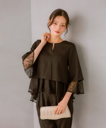 結婚式 ドレス パンツスタイル セットアップ レース ティアード フリル パール付き 七分袖 テーパード パンツドレス オケージョン お呼ばれ セミフォーマル