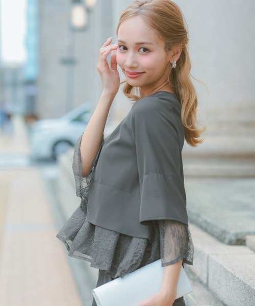 Retica(レティカ)の「結婚式 ドレス パンツスタイル セットアップ レース ティアード フリル パール付き 七分袖 テーパード パンツドレス オケージョン お呼ばれ セミフォーマル(パンツドレス・レディース・ブラック/チャコールグレー・L/XXL/M/XXXL/XL/S)」の6枚目の写真