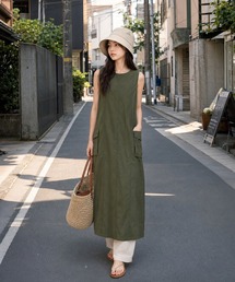 【KONVINI select】ナイロンミリタリーノースリーブロングワンピース