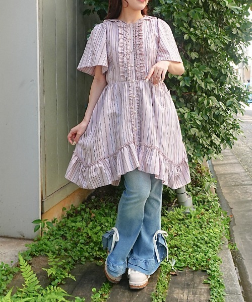 axes femme(アクシーズファム)の「ストライプ柄フードシャツワンピース(チュニック・レディース・ダークブラウン/サックスブルー/ピンク・FREE)」の3枚目の写真
