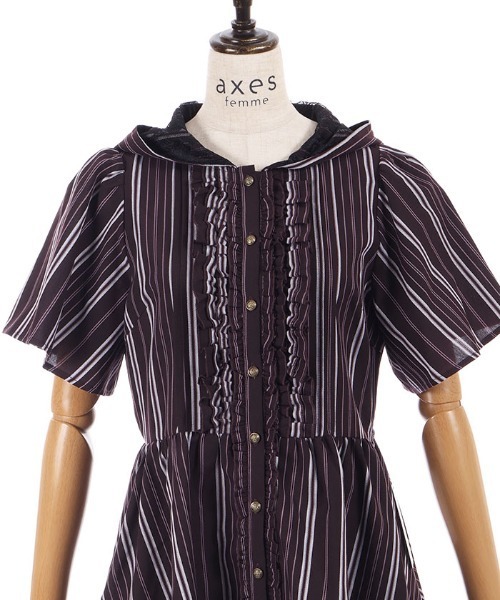 axes femme(アクシーズファム)の「ストライプ柄フードシャツワンピース(チュニック・レディース・ダークブラウン/サックスブルー/ピンク・FREE)」の4枚目の写真