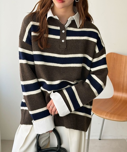 GeeRA（ジーラ）の「シャツドッキングフェイクレイヤードニット（ニット/セーター・レディース・ブラック/チャコール/ブラウン系その他・MEDIUM/X-LARGE/LARGE）」の7枚目の写真