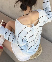 Vネックボーダー柄薄手Tシャツ