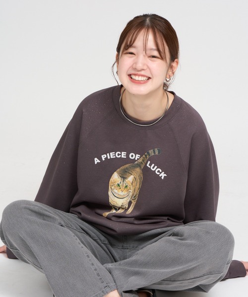 meeny miny(ミーニーマイニー)の「【よそんちの猫】キジトラ ラメプルオーバー(スウェット・レディース・チャコールグレー/ベージュ・S-M)」の1枚目の写真
