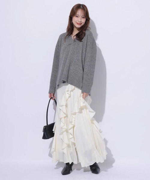 Mystrada（マイストラーダ）の「アシメラッフルナロースカート（スカート・レディース・チャコールグレー/オフホワイト/ピンクベージュ・38/36/34）」の10枚目の写真