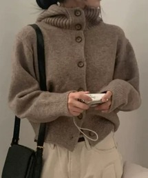 フード付きシングルブレストショートニットカーディガン