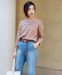 Bou Jeloud | 【プレミアムコットン】ボーダードルマンVネックトップス(Tシャツ/カットソー)