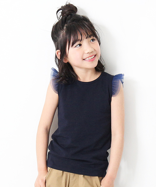 devirock（デビロック）の「チュール袖ノースリーブTシャツ（Tシャツ/カットソー・キッズ・ブラック/ピンク/ターコイズブルー/ネイビー/パープル/スモークピンク/グリーン系その他/ライトイエロー/レッド系その他/グレー系その他・100cm/120cm/110cm/160cm/130cm/140cm/150cm）」の5枚目の写真