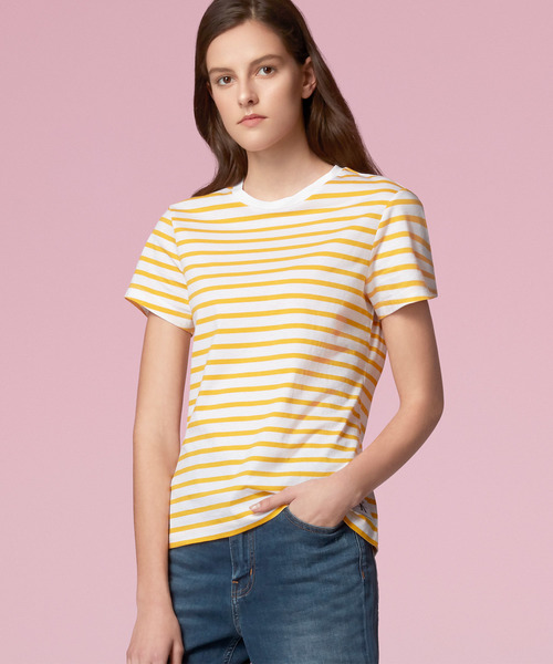 Calvin Klein Jeans(カルヴァンクラインジーンズ)の「ストライプ クルーネックTシャツ(Tシャツ/カットソー・レディース・ブラック/ピンク/ネイビー/イエロー・LARGE/MEDIUM/SMALL/X-SMALL)」の1枚目の写真
