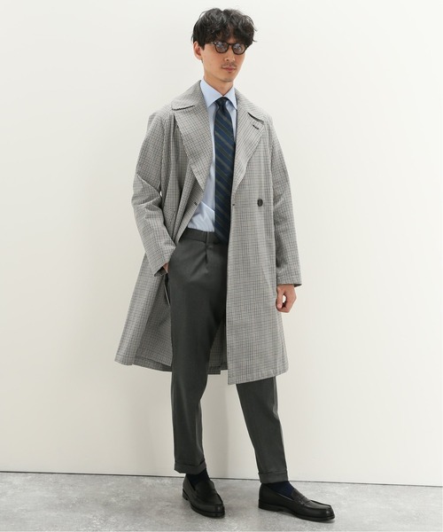 hevo コート チェック柄 セール】 HEVO チェック柄 ウールポリエステル ステンカラーコート
