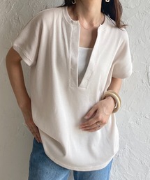 深Vネックワッフルサイドスリットプルオーバー半袖Tシャツ