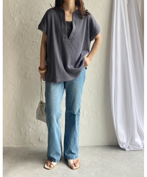 She's Closet（シーズクローゼット）の「深Vネックワッフルサイドスリットプルオーバー半袖Tシャツ（Tシャツ/カットソー・レディース・アイボリー/ブルーグレー/モカ・FREE）」の21枚目の写真