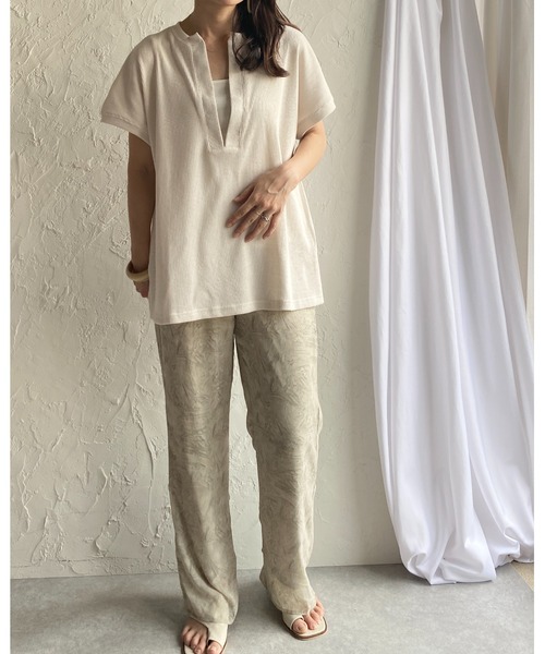 She's Closet（シーズクローゼット）の「深Vネックワッフルサイドスリットプルオーバー半袖Tシャツ（Tシャツ/カットソー・レディース・アイボリー/ブルーグレー/モカ・FREE）」の4枚目の写真