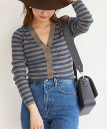 SLOBE IENA | W/PE リブボーダーVネックカーディガン【手洗い可能】◆(カーディガン/ボレロ)