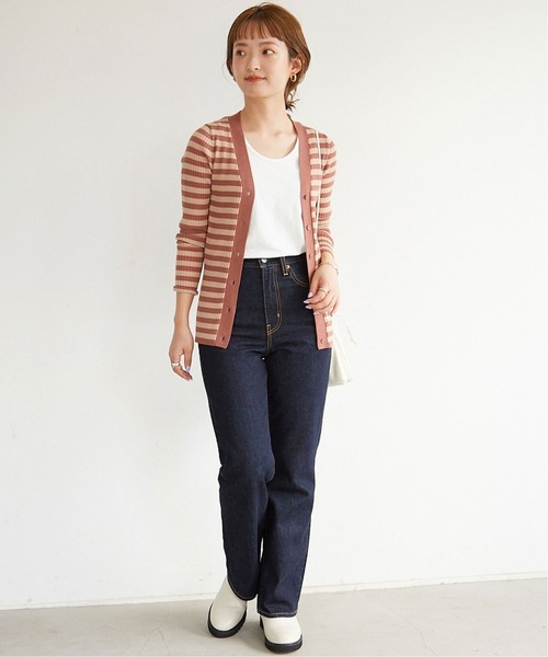 SLOBE IENA（スローブイエナ）の「W/PE リブボーダーVネックカーディガン【手洗い可能】◆（カーディガン/ボレロ・レディース・ブラック/ベージュ/ピンク・FREE）」の6枚目の写真