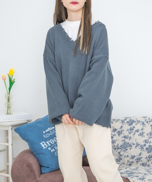 PairPair(ペアペア)の「ダメージニット2WAYプルオーバー(ユニセックス)(ニット/セーター・レディース・ブラック/グリーン/グレイッシュブルー・MEDIUM/LARGE)」の3枚目の写真