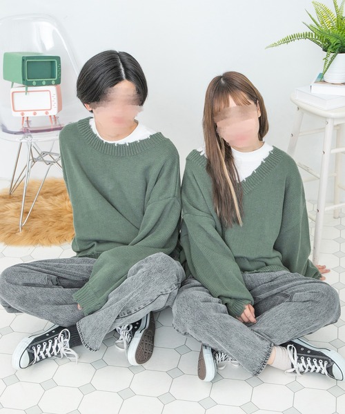 PairPair(ペアペア)の「ダメージニット2WAYプルオーバー(ユニセックス)(ニット/セーター・レディース・ブラック/グリーン/グレイッシュブルー・MEDIUM/LARGE)」の2枚目の写真