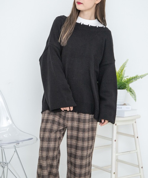 PairPair(ペアペア)の「ダメージニット2WAYプルオーバー(ユニセックス)(ニット/セーター・レディース・ブラック/グリーン/グレイッシュブルー・MEDIUM/LARGE)」の1枚目の写真