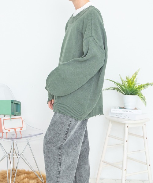 PairPair(ペアペア)の「ダメージニット2WAYプルオーバー(ユニセックス)(ニット/セーター・レディース・ブラック/グリーン/グレイッシュブルー・MEDIUM/LARGE)」の12枚目の写真