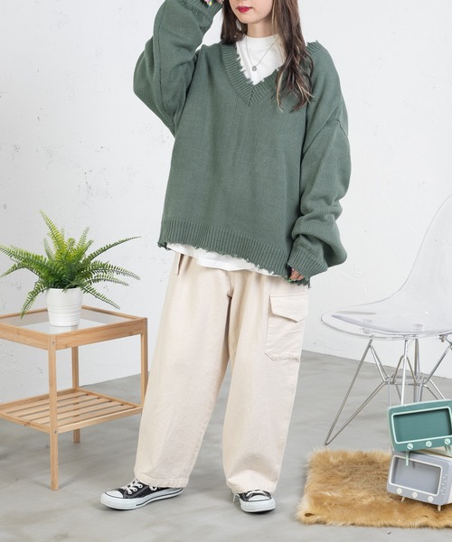 PairPair(ペアペア)の「ダメージニット2WAYプルオーバー(ユニセックス)(ニット/セーター・レディース・ブラック/グリーン/グレイッシュブルー・MEDIUM/LARGE)」の6枚目の写真