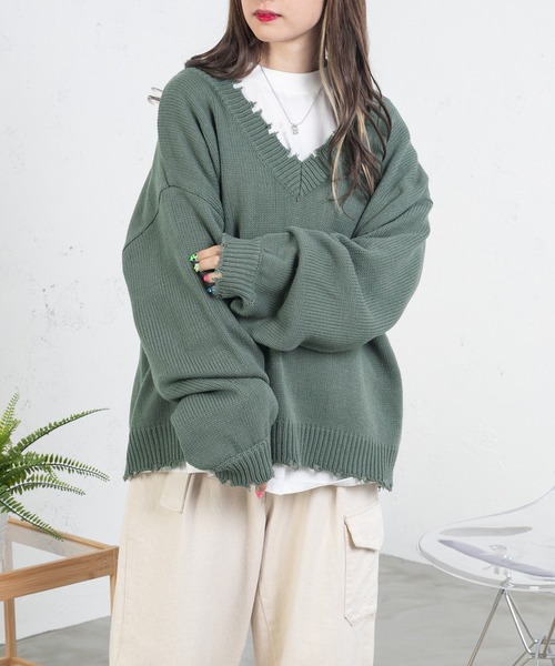 PairPair(ペアペア)の「ダメージニット2WAYプルオーバー(ユニセックス)(ニット/セーター・レディース・ブラック/グリーン/グレイッシュブルー・MEDIUM/LARGE)」の7枚目の写真