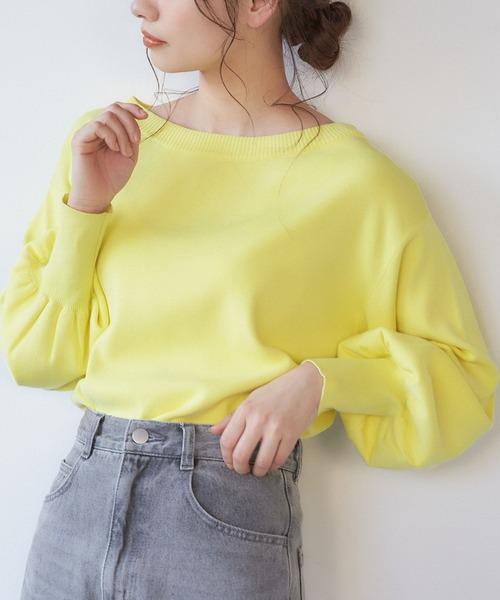 mysty woman（ミスティウーマン）の「【多色展開】ボリュームスリーブボートネックニット 273521（ニット/セーター・レディース・ブラック/ピンク/イエロー/ブルー/ライトグリーン/アイボリー/モカ/ラベンダー・FREE）」の8枚目の写真