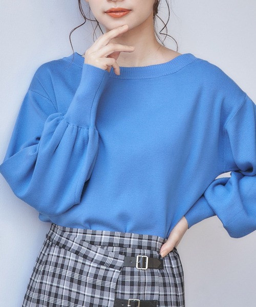 mysty woman（ミスティウーマン）の「【多色展開】ボリュームスリーブボートネックニット 273521（ニット/セーター・レディース・ブラック/ピンク/イエロー/ブルー/ライトグリーン/アイボリー/モカ/ラベンダー・FREE）」の6枚目の写真