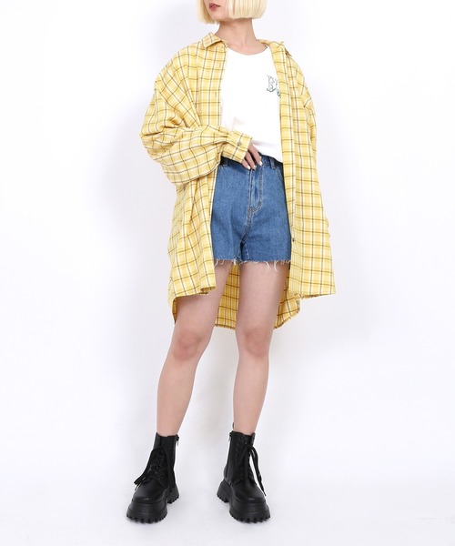 PUNYUS（プニュズ）の「オーバーチェックシャツ（シャツ/ブラウス・レディース・イエロー/ブルー/グリーン/オレンジ・4/2/3/1）」の5枚目の写真