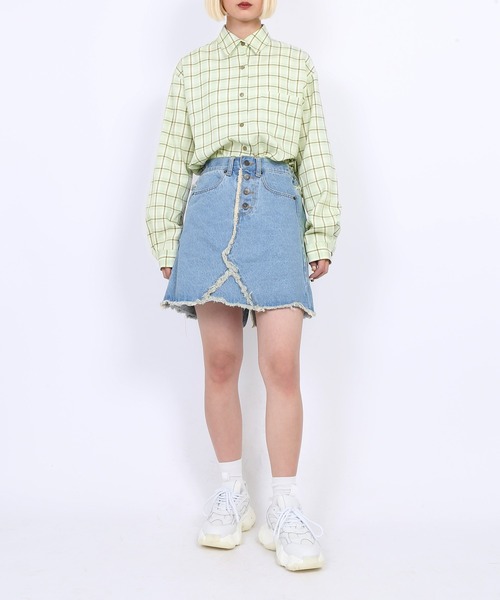 PUNYUS（プニュズ）の「オーバーチェックシャツ（シャツ/ブラウス・レディース・イエロー/ブルー/グリーン/オレンジ・4/2/3/1）」の7枚目の写真