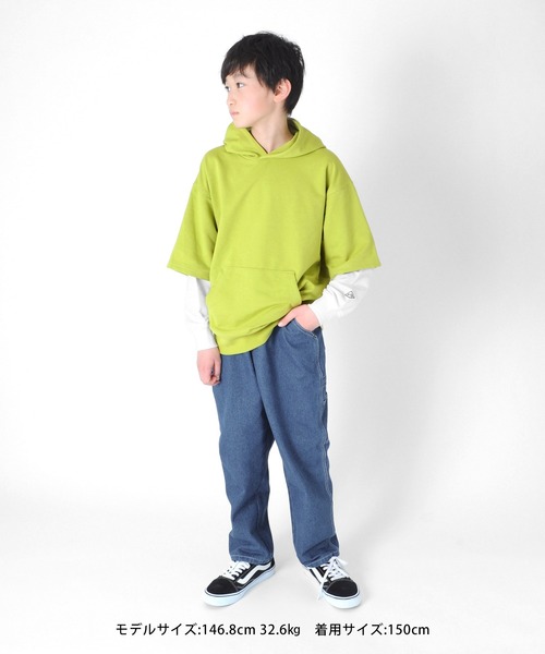 GLAZOS（グラソス）の「ストレッチミニ裏毛・ドロップショルダーフェイクレイヤードパーカー（パーカー・キッズ・ライトブルー/ブラック/グリーン系その他・130cm/140cm/150cm/160cm/170cm）」の15枚目の写真