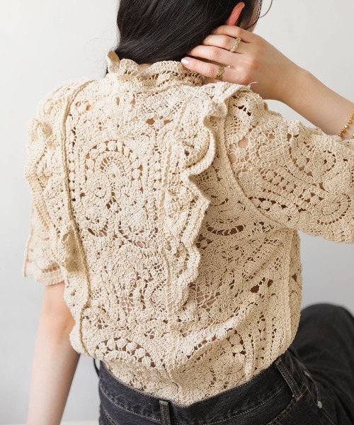 Bab(バブ)の「フリルクロシェブラウス(シャツ/ブラウス・レディース・ブラック/ベージュ/オフホワイト・M)」の7枚目の写真