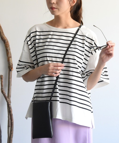 sango（sango）の「パネルボーダーハーフスリーブTシャツ（Tシャツ/カットソー・レディース・ブラック/グレイッシュベージュ/グリーン・FREE）」の7枚目の写真