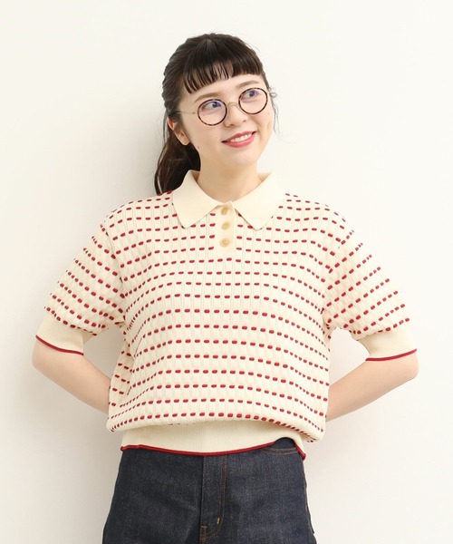 AMBIDEX(アンビデックス)の「〇30/2綿コーマ ステッチジャカードポロプルオーバー(Tシャツ/カットソー・レディース・キナリ/ブラック・FREE)」の2枚目の写真