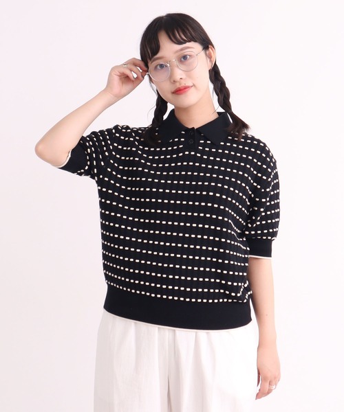 AMBIDEX(アンビデックス)の「〇30/2綿コーマ ステッチジャカードポロプルオーバー(Tシャツ/カットソー・レディース・キナリ/ブラック・FREE)」の1枚目の写真