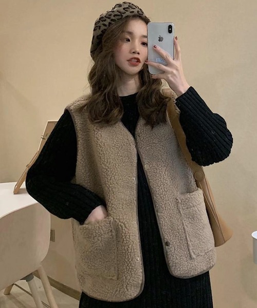 DEVICE（デバイス）の「ポケット付き ボタン ボアベスト（ベスト・レディース・ブラウン/ベージュ・FREE）」の2枚目の写真