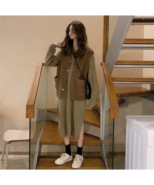 DEVICE（デバイス）の「ポケット付き ボタン ボアベスト（ベスト・レディース・ブラウン/ベージュ・FREE）」の4枚目の写真