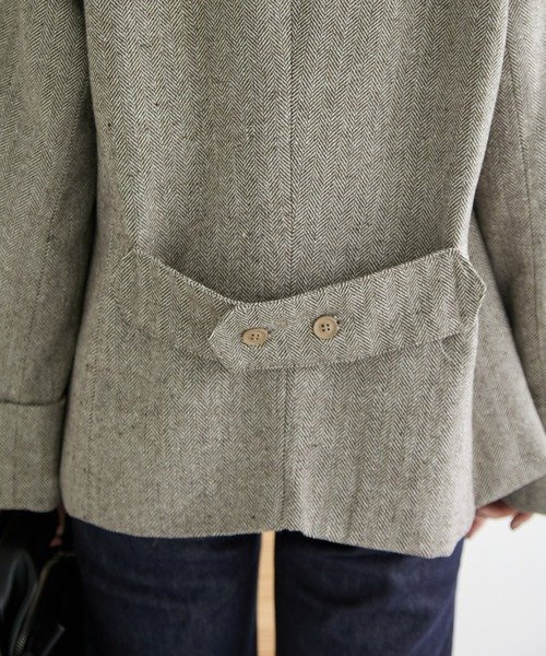 クリスチャンディオール　ノーカラージャケット　ヘリンボーン　ボタン　グレー　M ECRIRE（エクリール）の「【haushinkaコラボ】ヘリンボーンノーカラー