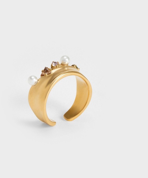 CHARLES & KEITH（チャールズ & キース）の「ビーズド&クリスタルエンベリッシュド ワイドバンドリング（リング・レディース・アイボリー/ゴールド系その他/ライラック・M/S）」の5枚目の写真