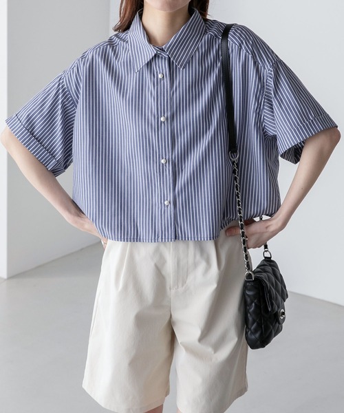 BONLECILL（ボンルシール）の「パールボタンクロップドレギュラーカラー半袖シャツ（シャツ/ブラウス・レディース・オフホワイト/ブルー/ネイビー系/ブラック系/ピンク/ブラック系2/オレンジ/ブラック系1・FREE）」の10枚目の写真