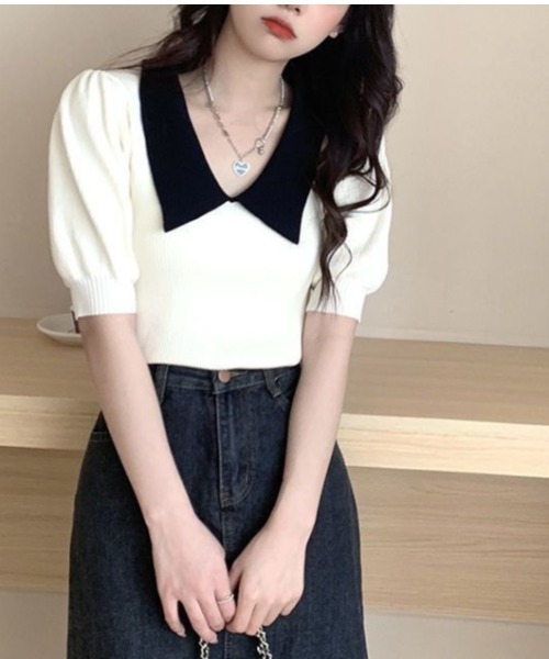 B.I.D.（ビーアイディー）の「【Bz】衿付きニット（シャツ/ブラウス・レディース・ホワイト/グリーン/マスタード/ブラック・FREE）」の3枚目の写真