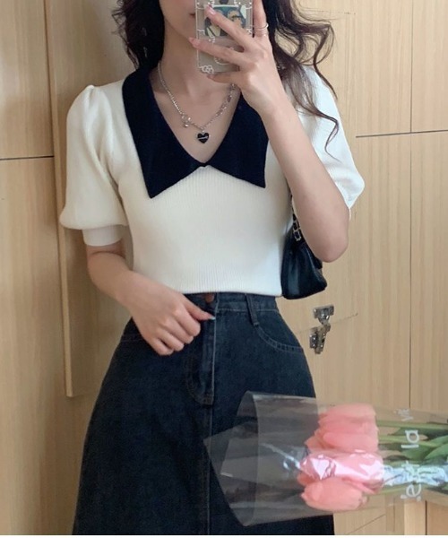 B.I.D.（ビーアイディー）の「【Bz】衿付きニット（シャツ/ブラウス・レディース・ホワイト/グリーン/マスタード/ブラック・FREE）」の6枚目の写真