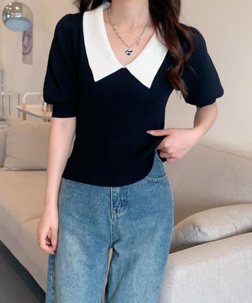 B.I.D.（ビーアイディー）の「【Bz】衿付きニット（シャツ/ブラウス・レディース・ホワイト/グリーン/マスタード/ブラック・FREE）」の7枚目の写真