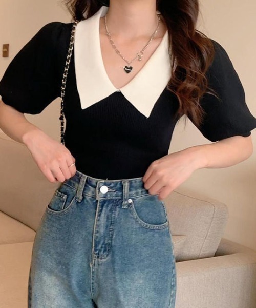 B.I.D.（ビーアイディー）の「【Bz】衿付きニット（シャツ/ブラウス・レディース・ホワイト/グリーン/マスタード/ブラック・FREE）」の8枚目の写真