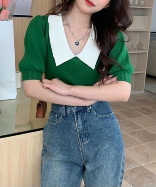 B.I.D.（ビーアイディー）の「【Bz】衿付きニット（シャツ/ブラウス・レディース・ホワイト/グリーン/マスタード/ブラック・FREE）」の9枚目の写真