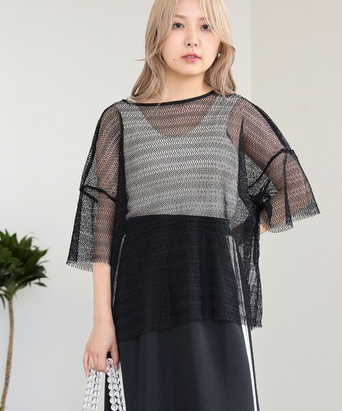 Ray BEAMS（レイビームス）の「Ray BEAMS / ミックス メッシュ バックリボン Tシャツ（Tシャツ/カットソー・レディース・ホワイト/ライトブルー/ブラック・ONE SIZE）」の2枚目の写真