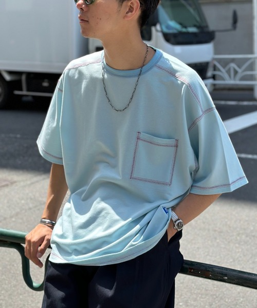 CIAOPANIC(チャオパニック)の「コントラストオーバーサイズ配色ステッチT(Tシャツ/カットソー・レディース・イエロー/ホワイト/サックスブルー/ブラック・MEDIUM/LARGE)」の3枚目の写真