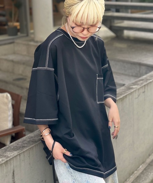 CIAOPANIC(チャオパニック)の「コントラストオーバーサイズ配色ステッチT(Tシャツ/カットソー・レディース・イエロー/ホワイト/サックスブルー/ブラック・MEDIUM/LARGE)」の1枚目の写真